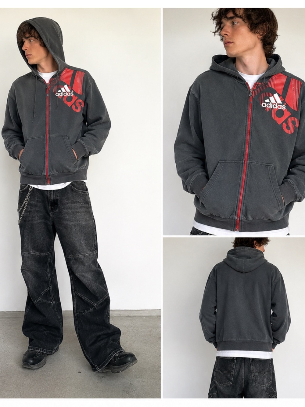 Y2K Adidas Zip Up Hoodie Gray Red Graphic Logo Jacket XL